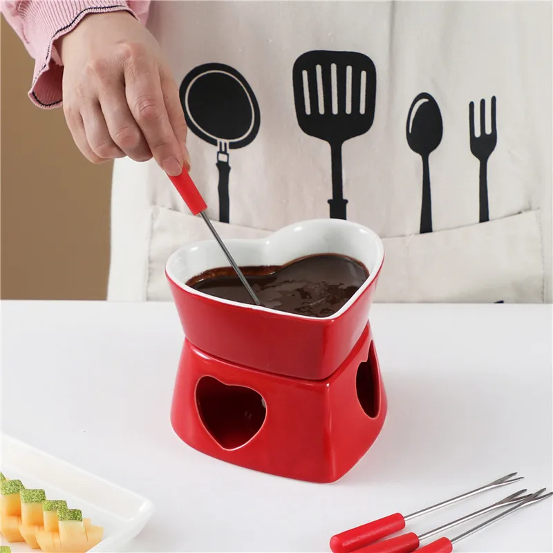 Red Heart shape fine porcelain chocolate fondue set, red romantic cheese melting fondue