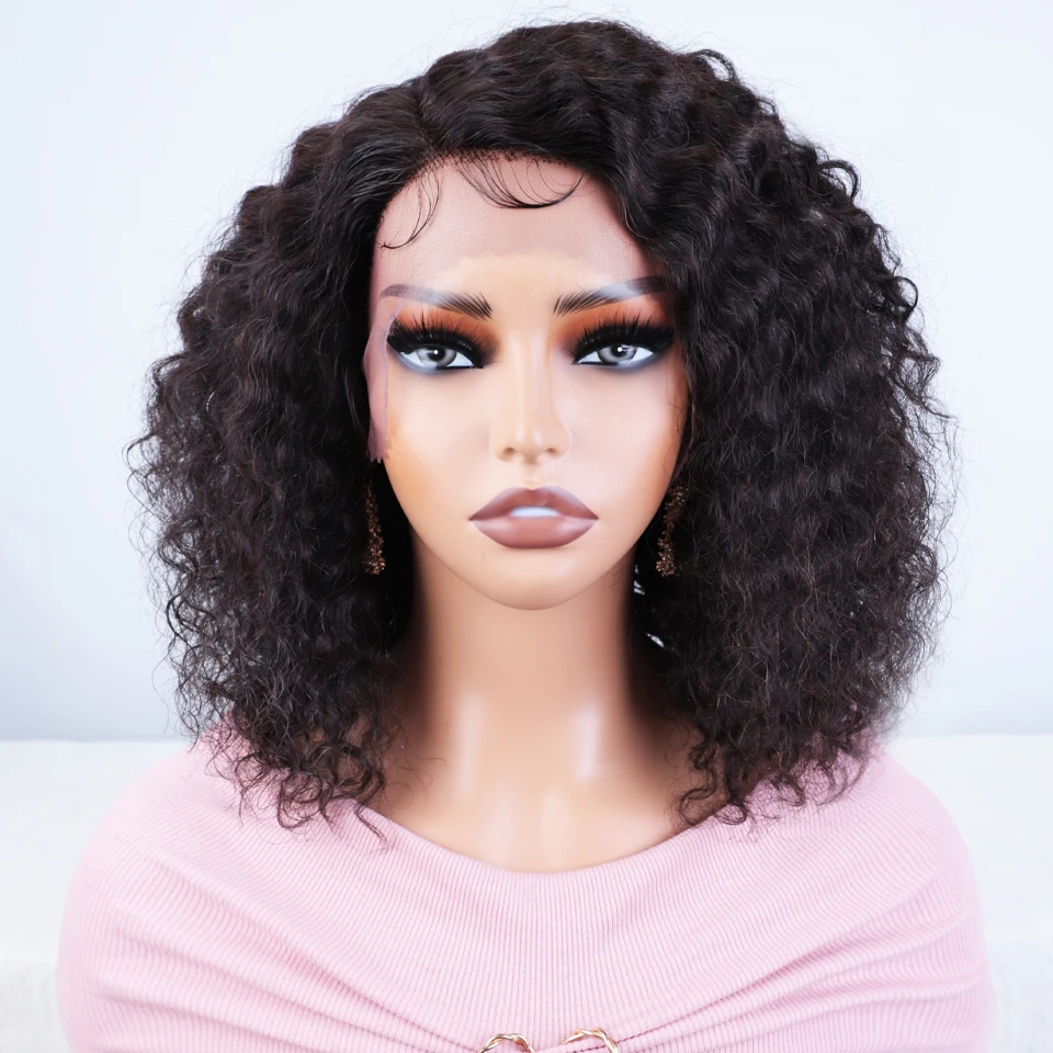 Sleek Afro Kinky Curly Bob Lace Front Wigs 13X6X1 C type Side Part Deep Curly Human Hair Natural Black Remy Lace Wigs