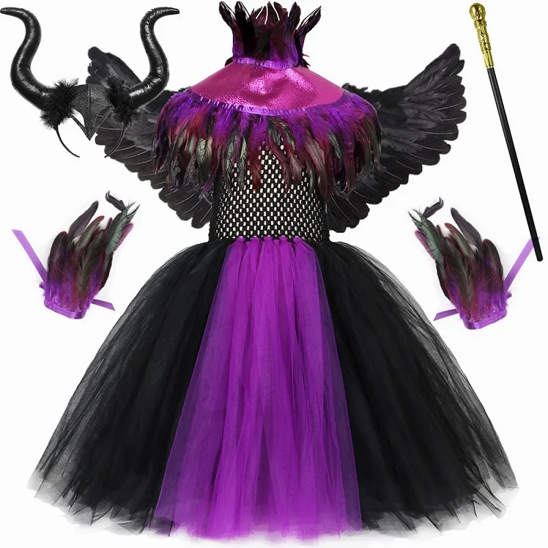 thumbnail image 1 of Disfraz de bruja de Halloween, Malefice, para niñas, color morado y negro, con tutú elegante, capa de plumas, disfraz de reina malvada, ropa para niños, 1 of 5