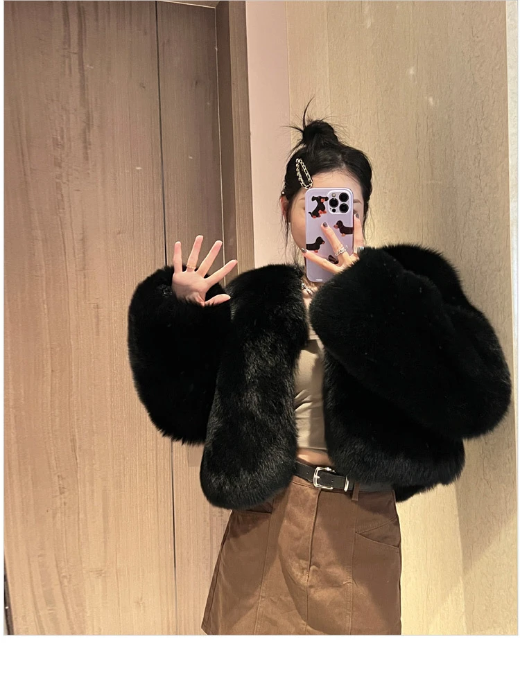 Cropped Faux Fox Fur Jacket for Women Short Warm Coat Korean Fluffy Fur Jacket Winter Clothes Fashion Coats 2023