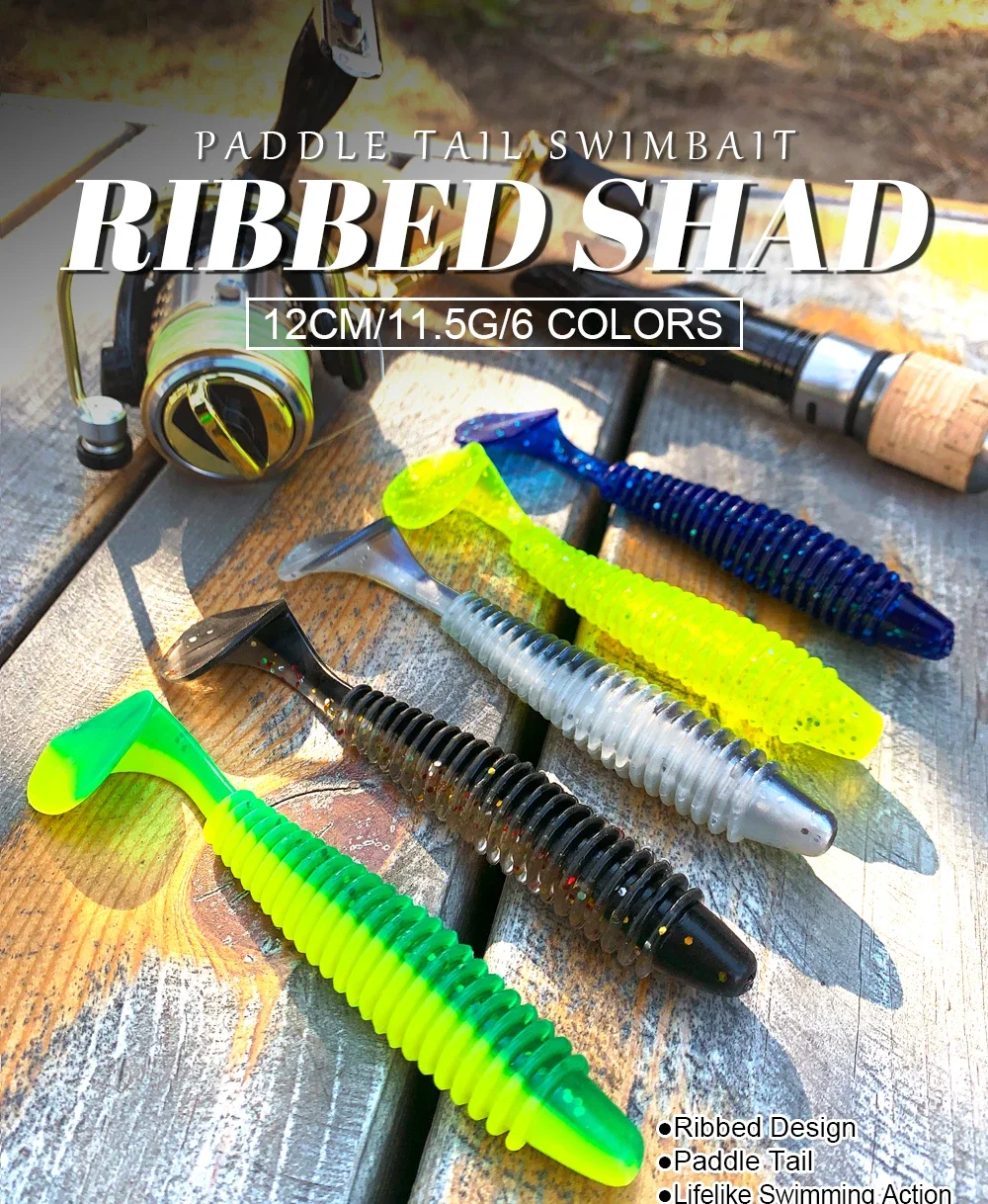 RoseWood 12 cm gerippter Shad, weicher Köder, Angelköder, Wurm, Paddel, Schwanz, Wobbler, Swimbait, Fischleiter für Barsch, Barsch, Hecht, Zander, Forelle – Detail 1