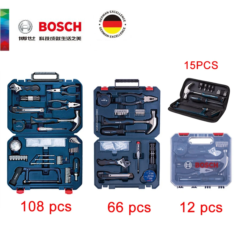 Bosch Juego de herramientas de reparación multifuncional para el hogar, caja almacenamiento, caja herramientas de carpintería, juego de 108 piezas/66/12/15 piezas| - AliExpress