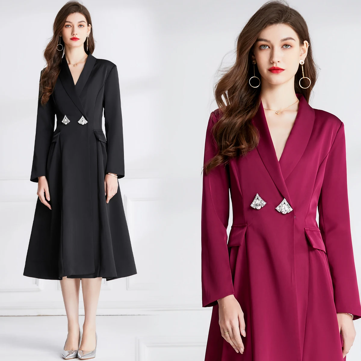 

JAMERARY Fashion Autumn Winter Notched Blazer Trench Golden Belt Long Sleeve Office Lady Work Black Suit Coat Dresses Women