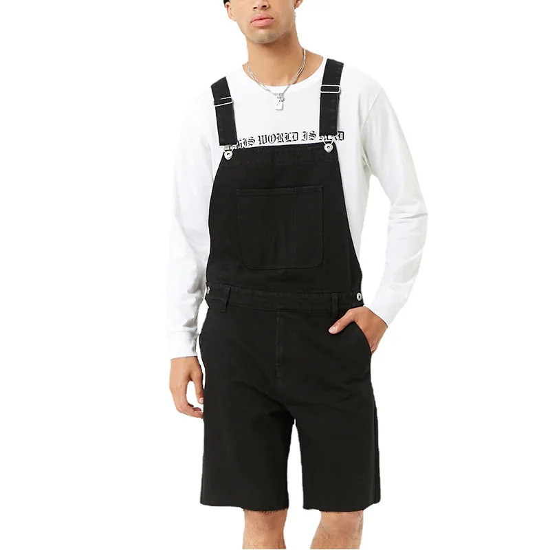 Retro Mens Jeans Denim Ripped Shorts One-piece Overalls Bib Knee Length Pants Black Jumpsuit