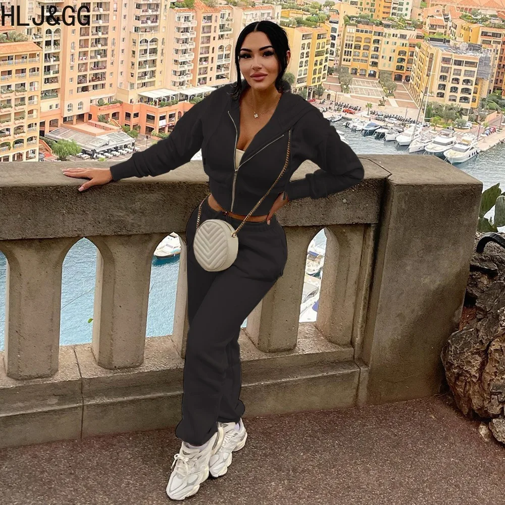 HLJ&GG Casual Solid Jogger Pants Two Piece Sets Women Zipper Long Sleeve Hooded Crop Top And Pants Outfits Female 2pcs Tracksuit