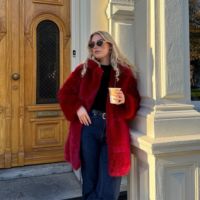 Luxury Women's Red Faux Fur Long Overcoat Fleece Thick Warm Full Sleeve Lapel Cardigan Coat Winter Fashion Loose Outerwear