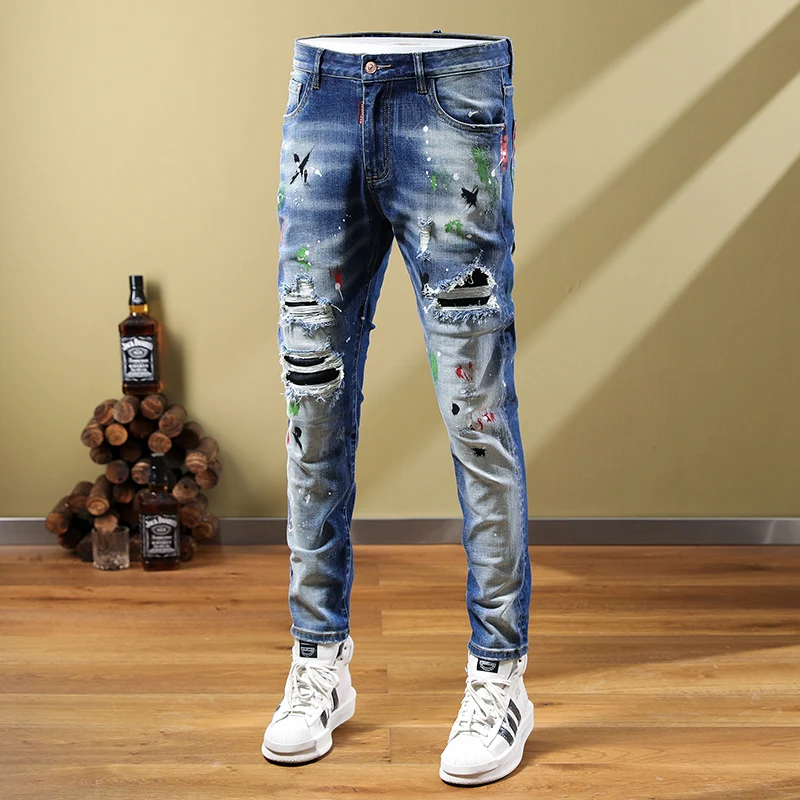 High Street Fashion Men Jeans Stretch Trousers Retro Blue Elastic Skinny Ripped Jeans Men Painted Designer Hip Hop Pants Hombre
