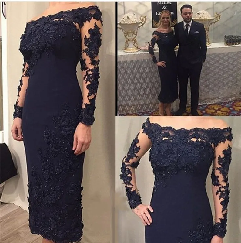 

ANGELSBRIDEP Navy Blue Sheath Tea Length Mother Of Bride Dresses Long Sleeves Appliques Beaded Groom Wedding Evening Party Gowns