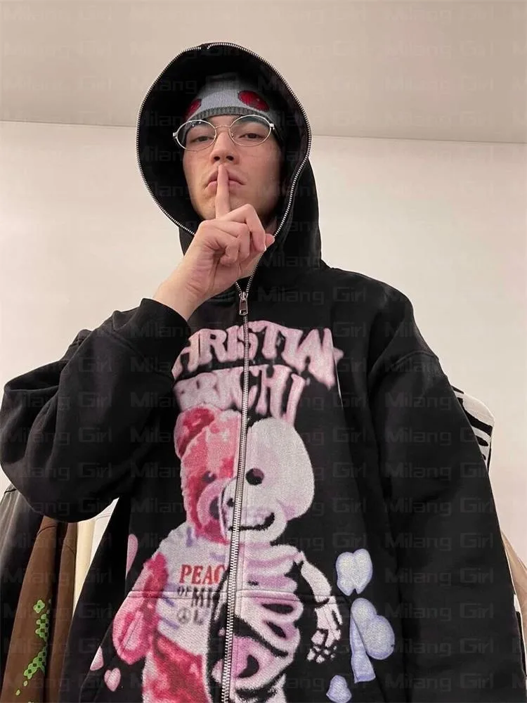 Y2k Men Emo Streetwear Hoodie Zip Up Sweatshirts Fairy Grunge Pullover  Oversized Skeleton Bear Goth Jacket Tops Hoodies Clothes - AliExpress