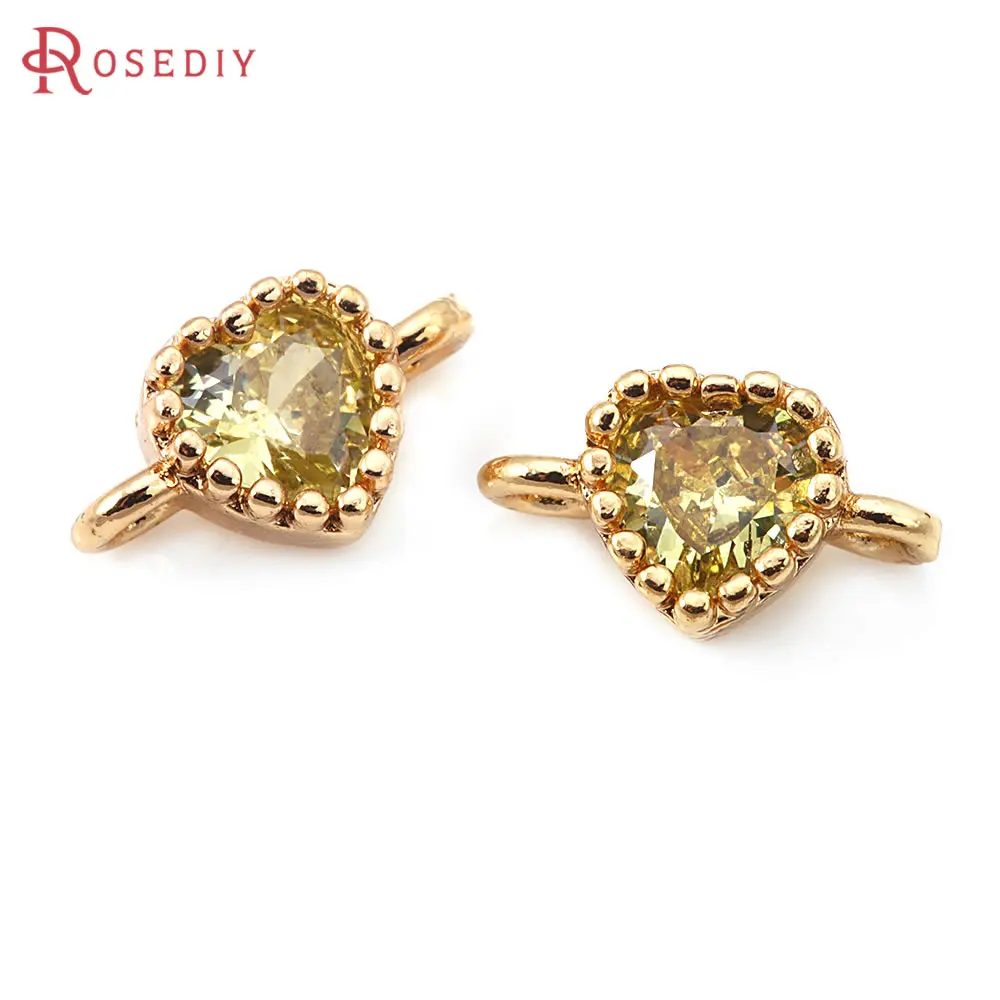 18K Gold Color Brass and Zircon 2 Holes Heart Connect Charms