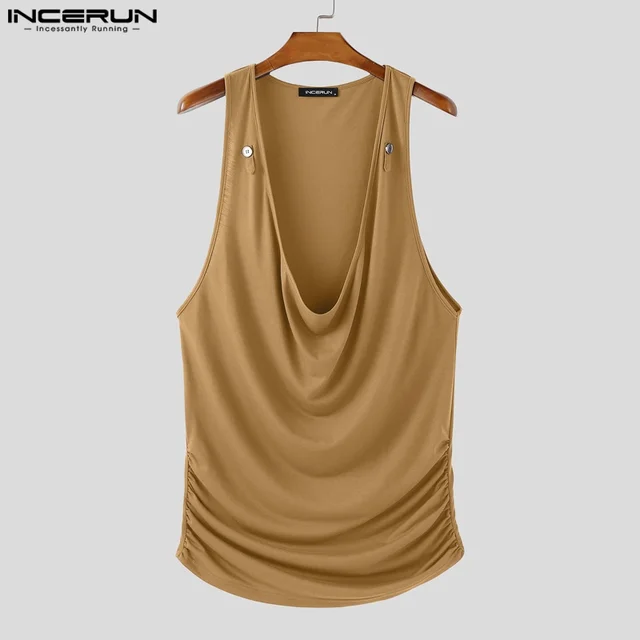 Men Tank Tops Solid Color Deep V Neck Sleeveless Summer Male Vests Streetwear 2025 INCERUN Pleated Sexy Fashion Men Clothing 4