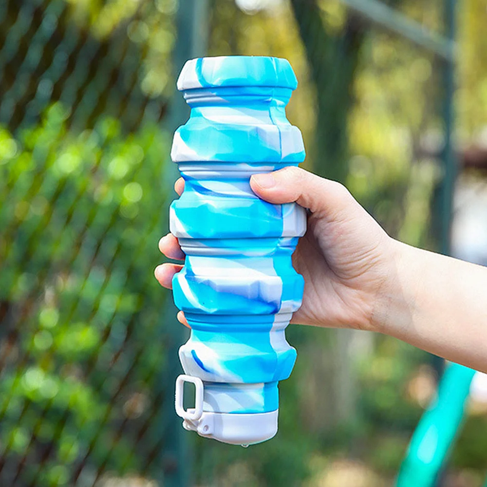 17oz 500ml Portable Reuseable Silicone Foldable Collapsible Travel Water Bottle with Rugby Carabiner