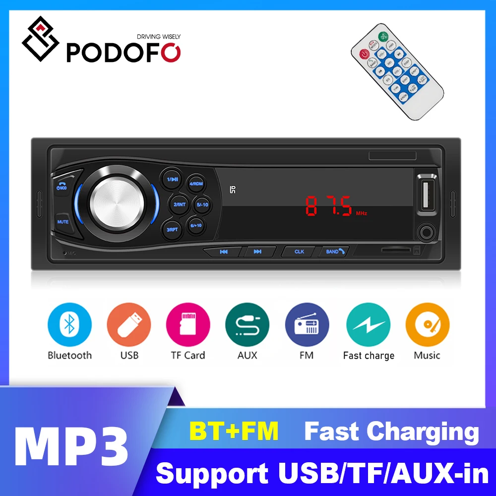 Podofo 1 Din Autoradio Autoradio Lettore Mp3 Bluetooth Audio Stereo Fm Musica Ricevitore Stereo Aux-In Telecomando