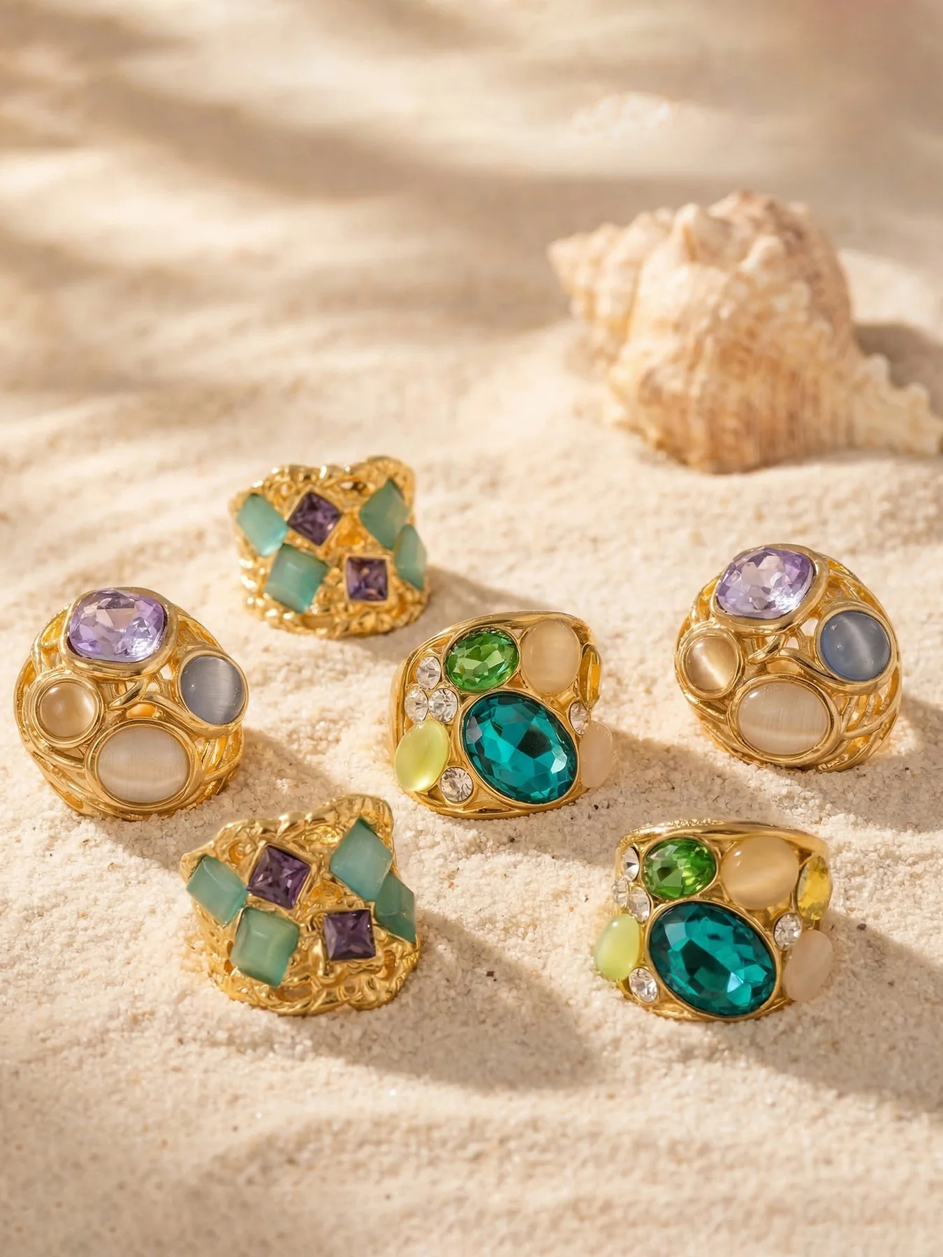 Bunte Funkelnde Steinringe 18k Vergoldeter Ring Edelstahl Kuppelringe Vintage Edelsteinring Statement-Schmuck für Frauen – Detail 8