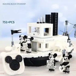 Blocs de construction Mickey Mouse, jouet noir et blanc, bateau à vapeur, 751 pièces, petit Puzzle assemblé, Mini figurine, décoration, cadeau pour enfants 