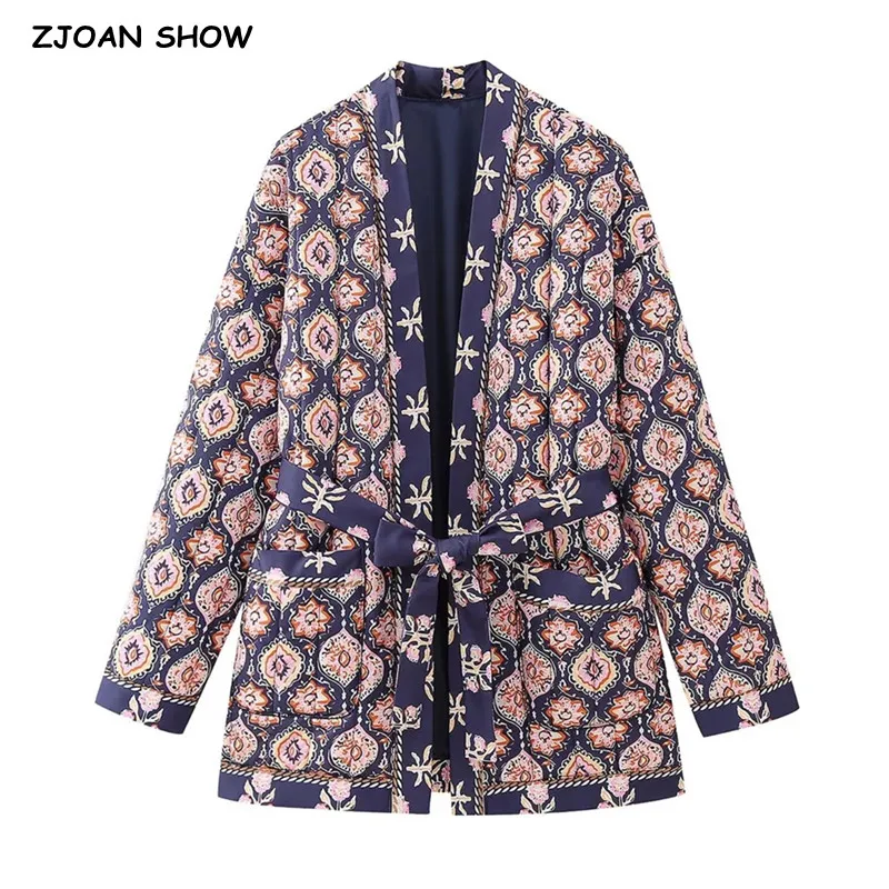 Winter Paisley Flower Print V neck Quilted Jacket Ethnic Women Tie