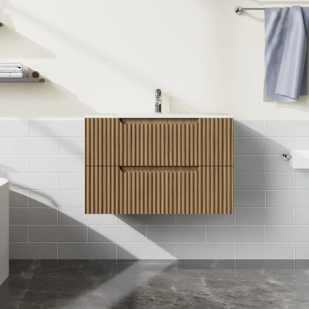 30” Wall Mounted Bathroom Vanity with Sink Floating Bathroom Cabinet Sink Combo, Soft-Close System, 2 Extra Big Drawers, Walnut 2