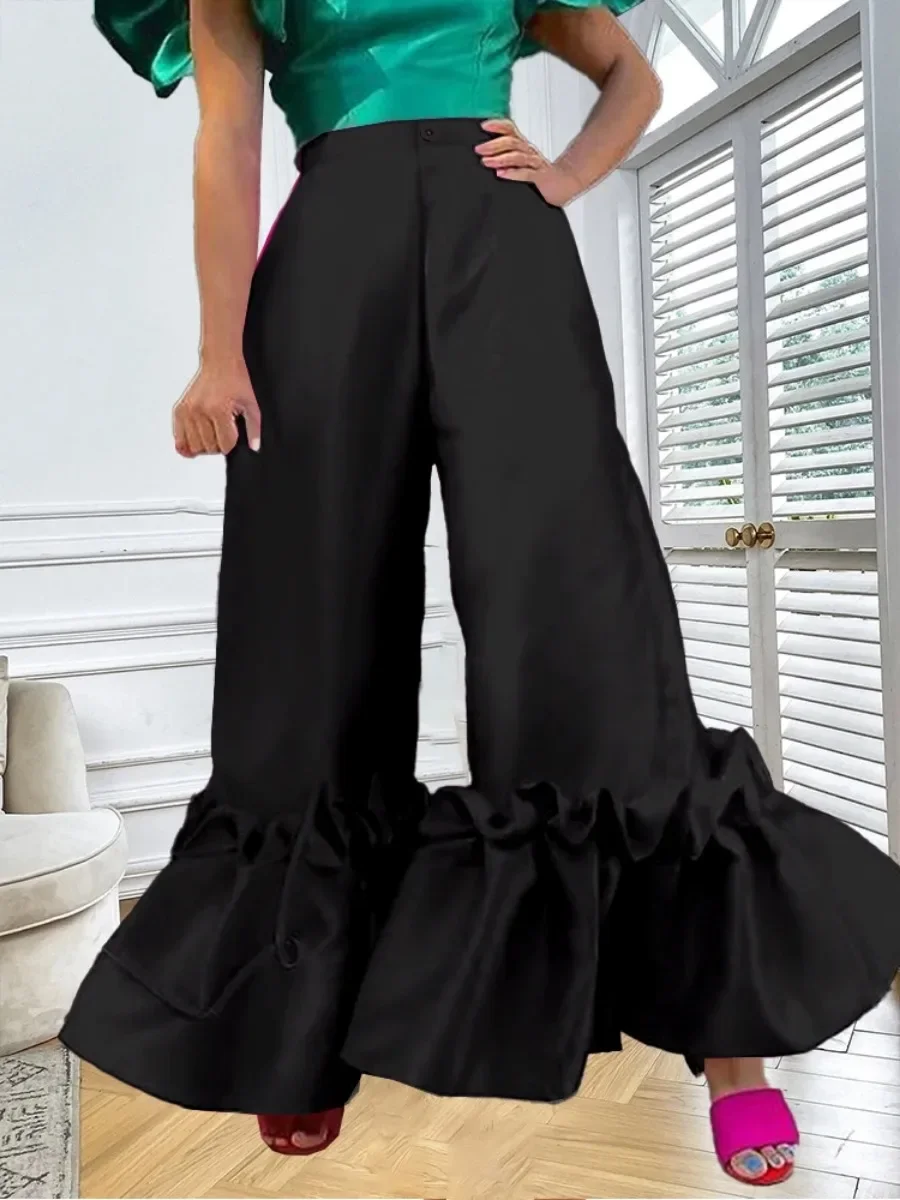 Customized Fuchsia High Waist Pants Shiny Flare Pleated Wide