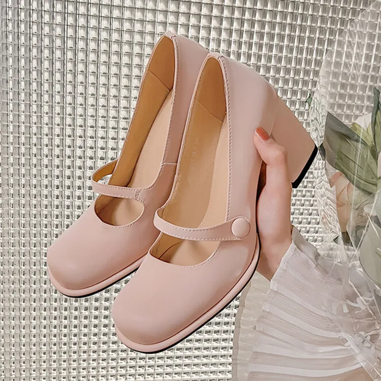 

Cute Pink Leather Women Mary Jeans Pumps Shallow Square Toe Single Dress Creepers 8cm Chunky High Heels Wedding Shoes Sapatos