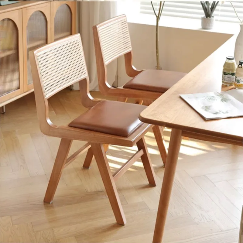 OMGD Scandinavian Rattan Chair Household Solid Wood Dining Chair Antique Style Designer Dining Table