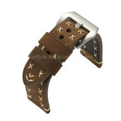 Vintage Thick Genuine Leather Watch Strap Bracelet with Pin Buckle - 22mm (Dark Brown)
