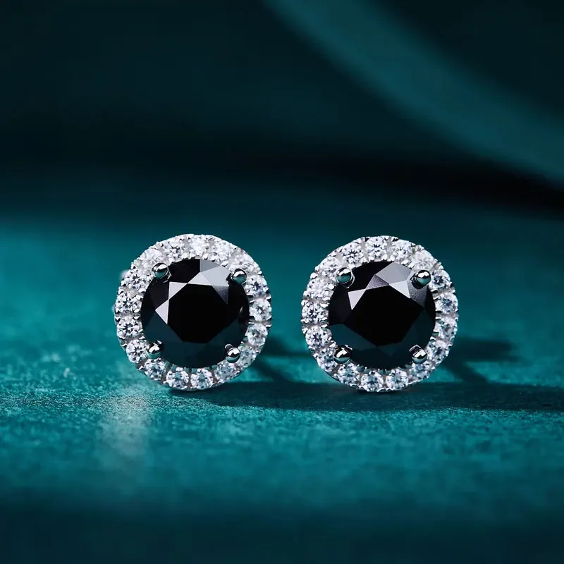 1.6ct Black Moissanite Diamond Stud Earrings For Women 6mm Brilliant Round Halo Solid 925 Sterling Silver Fine Jewelry