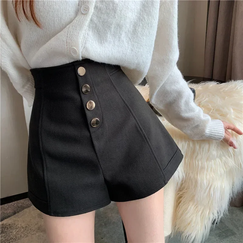 Black Shorts Women's Wide Leg Pants High Waisted Single Breasted A-line Shorts Casual Pants Elegant Temperament Shorts For Women