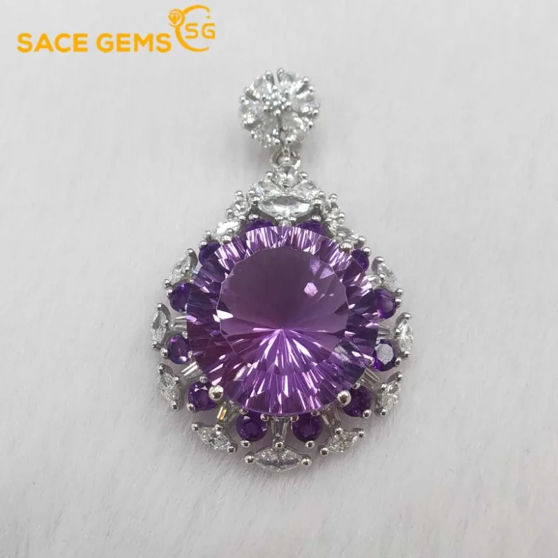 

SACEGEMS Luxury 925Sterling Silver Certified 15*15MM Natual Amethyst Pendant Necklace for Women Cocktail Party Fine Jewelry Gift