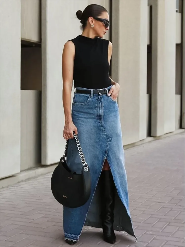 

Denim Long Skirt Women High Waist Slit Retro Maxi Skirts Autumn Winter 2023 New Fashion Solid Casual Slim A Line Pocket Faldas