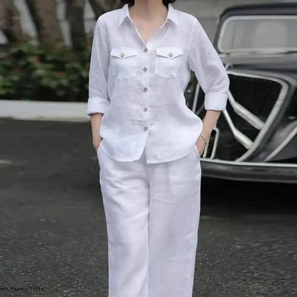Spring Pants Top Set Solid Color Lapel Shirt Trousers Set with Long Sleeve Pockets for Commute 2 Piece Loose Fit Outfit Spring wide leg trousers suit women s casual two piece set with short sleeves drawstring waist side pockets solid color o for everyday