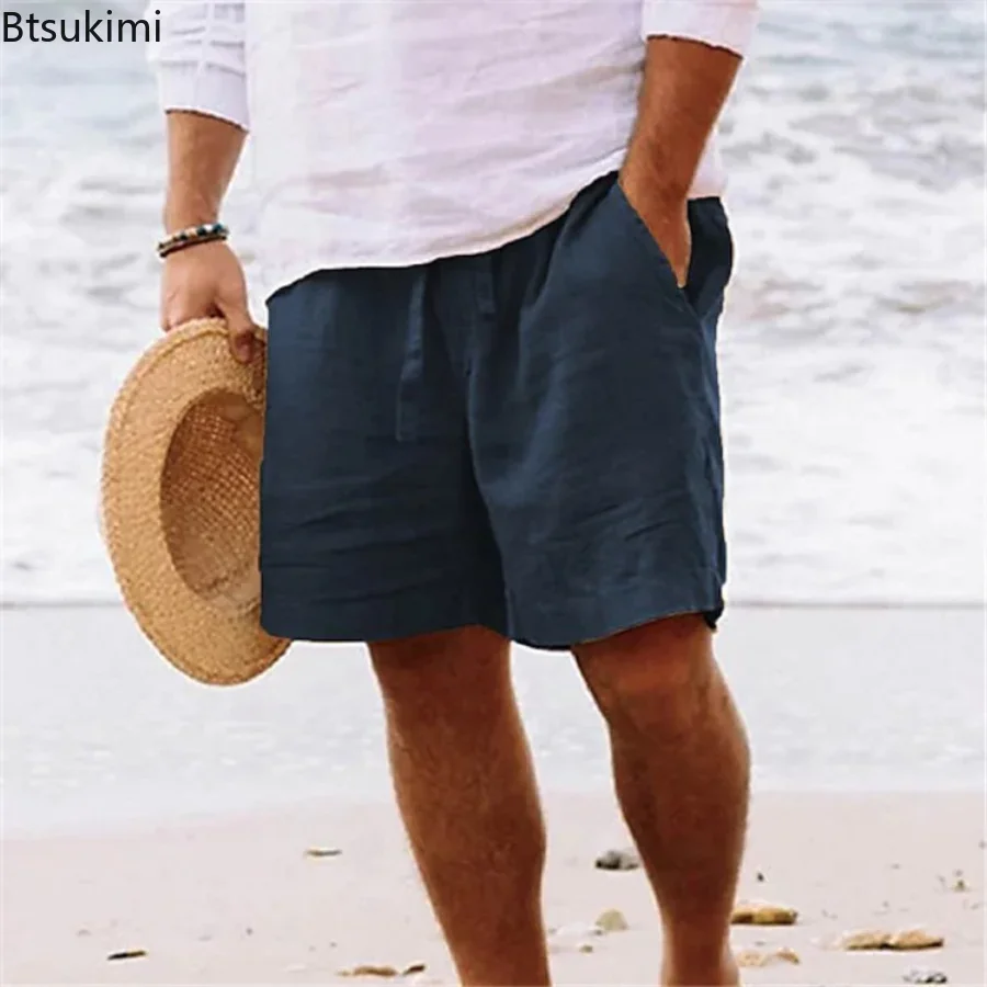 2024 Men's Summer Cotton Linen Shorts Drawstring Short Pants Male Breathable Solid Oversized Beach Shorts for Men Summer Pants