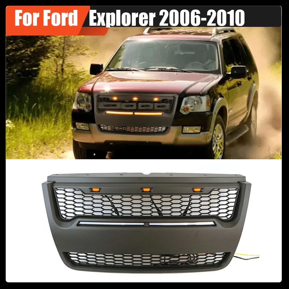 

Offroad Exterior Parts Front Grill Racing Grills Upper Grid W/Emblem Bumper Grille W/LED Lights Fit For Ford Explorer 2006-2010