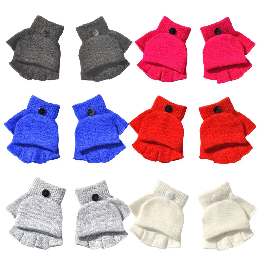 

1Pair Unisex Black Half Finger Gloves Winter Warm Thickening Wool Flip Lip Gloves Children Writting Mittens Pure Hand Warmer