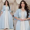 Muslim Women Luxury Abaya Set Rhinestones Shiny Satin 3 Piece Dress Middle Eastern Fashion