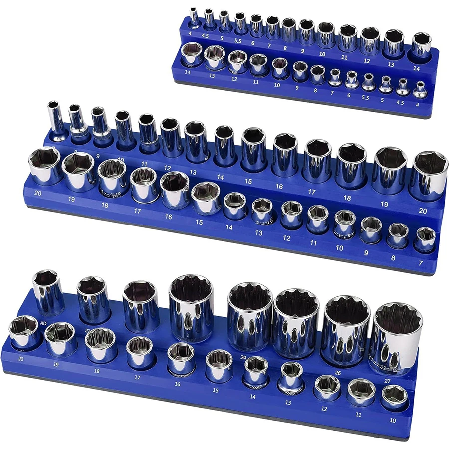 Blue Magnetic Sockets Storage Rack 1/4In 3/8In 1/2In Plastic Socket Display Holder Kit Professional Metric Tools Organizer 2