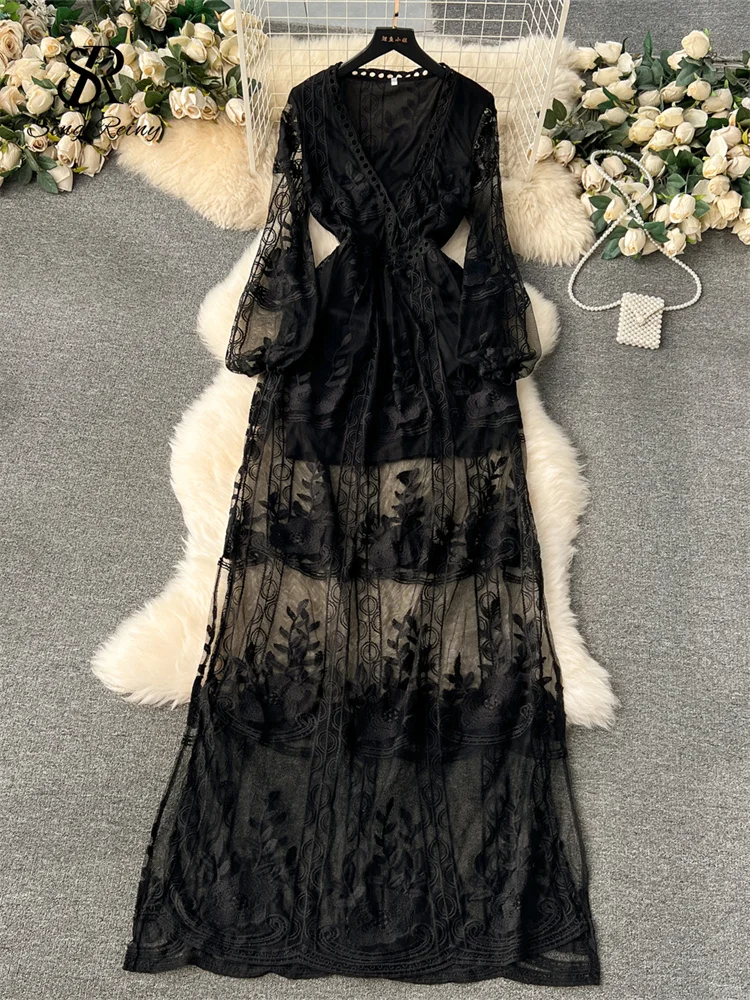 SINGREINY Autumn Fashion Lace Sexy Dress Female Lantern Sleeve V Neck Loose  Dress Women Vintage Embroidery Sheer Long Dresses - AliExpress 200000345