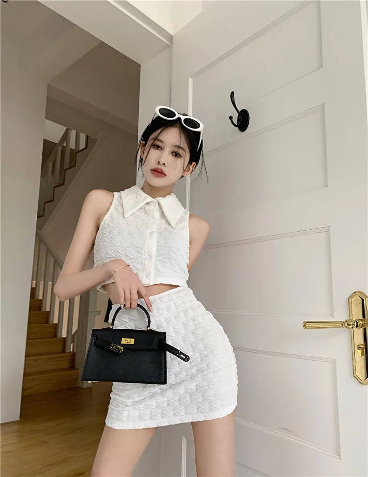High Street Y2k Two-piece Suits Women Summer New POLO Collar Sleeveless Tops + Mini Skirts Sets Female