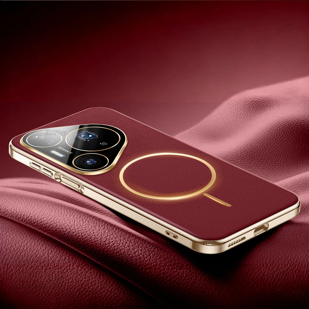 Magnetic Plating Leather Phone Case with Full Lens Protection & Wireless Charging Support