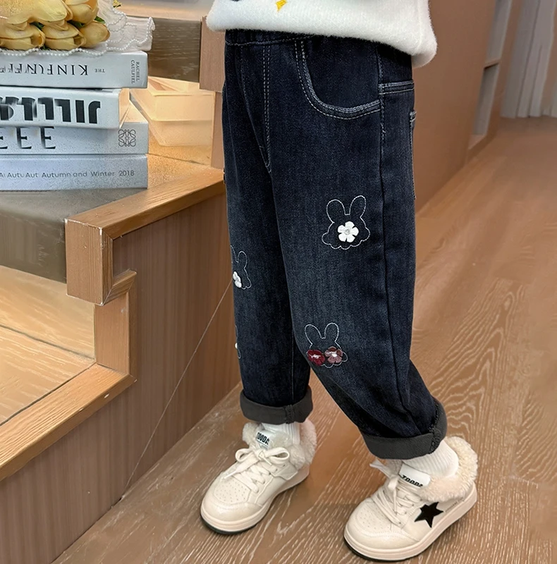 بنطلون جينز مبطن بالصوف للفتيات لفصلي الخريف والشتاء، سروال دافئ مبطن بالصوف للأطفال، بنطلون متعدد الاستخدامات للفتيات الصغيرات