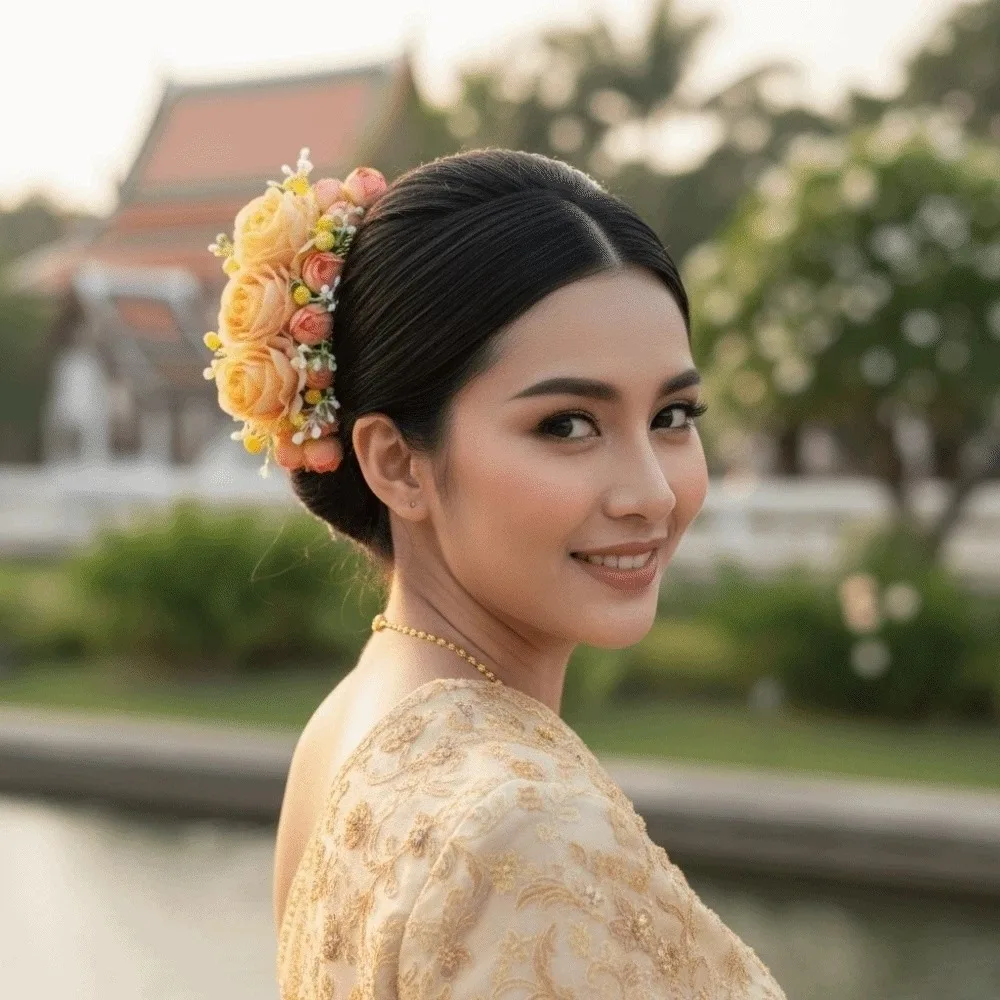Elegante Fermaglio per Capelli con Fiori Stile Thai, Pettine a Rosa in Plastica e Tessuto, Fermacapelli per Chignon da Festa - immagine 4