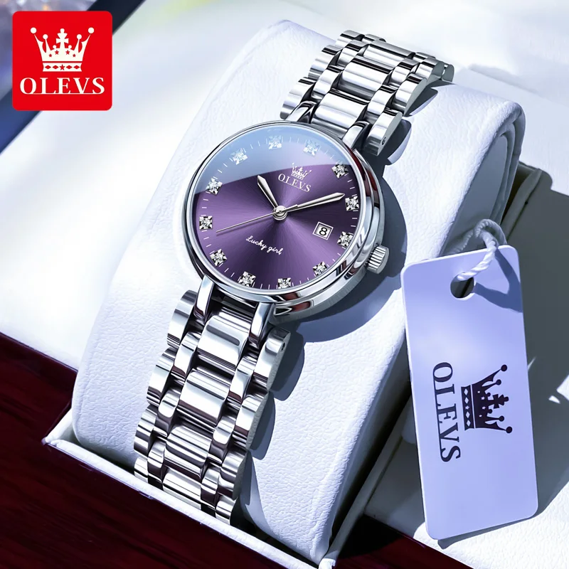 OLEVS Brand Fashion Purple Quartz Watches for Women Stainless Steel Waterproof Calendar Luxury Diamond Watch Womens Dress Watch 1