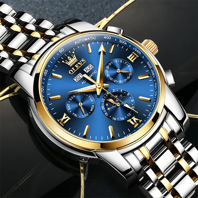 OLEVS Luxury Moon Phase Mechancial Watch for Men Stainless Steel Waterproof Automatic Calendar 24 Hours Business Men Wristwatch
