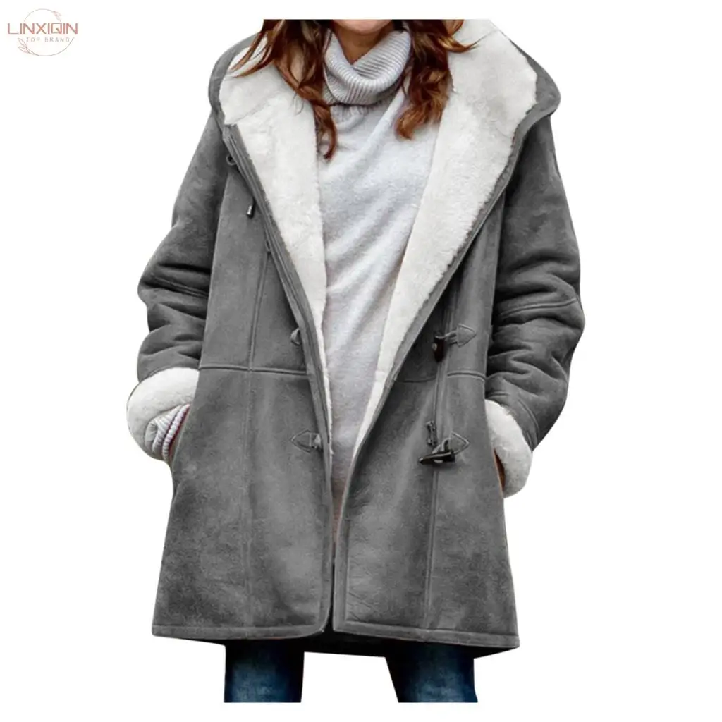 

Женское зимнее однотонное пальто, бархатное пальто с длинным рукавом, пальто с карманами и пряжкой из рога, теплые пальто с капюшоном, женская зимняя одежда