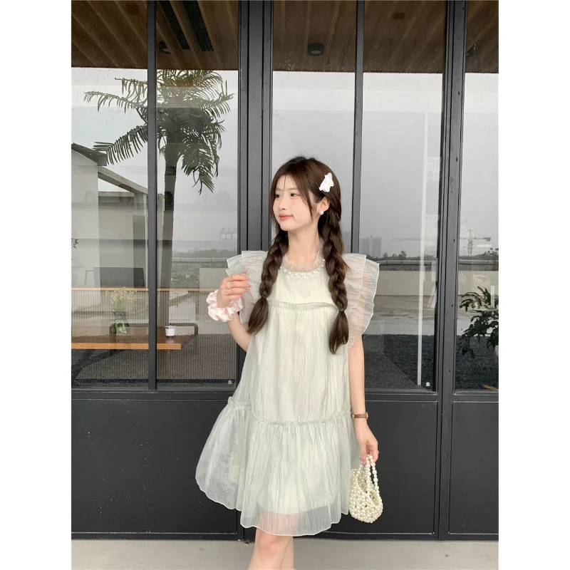 

Summer Thin Dress for Women Sweet Solid Color O-Neck Ruffles Flying Sleeve A-Line Short Chiffon Dresses Vacation Wear