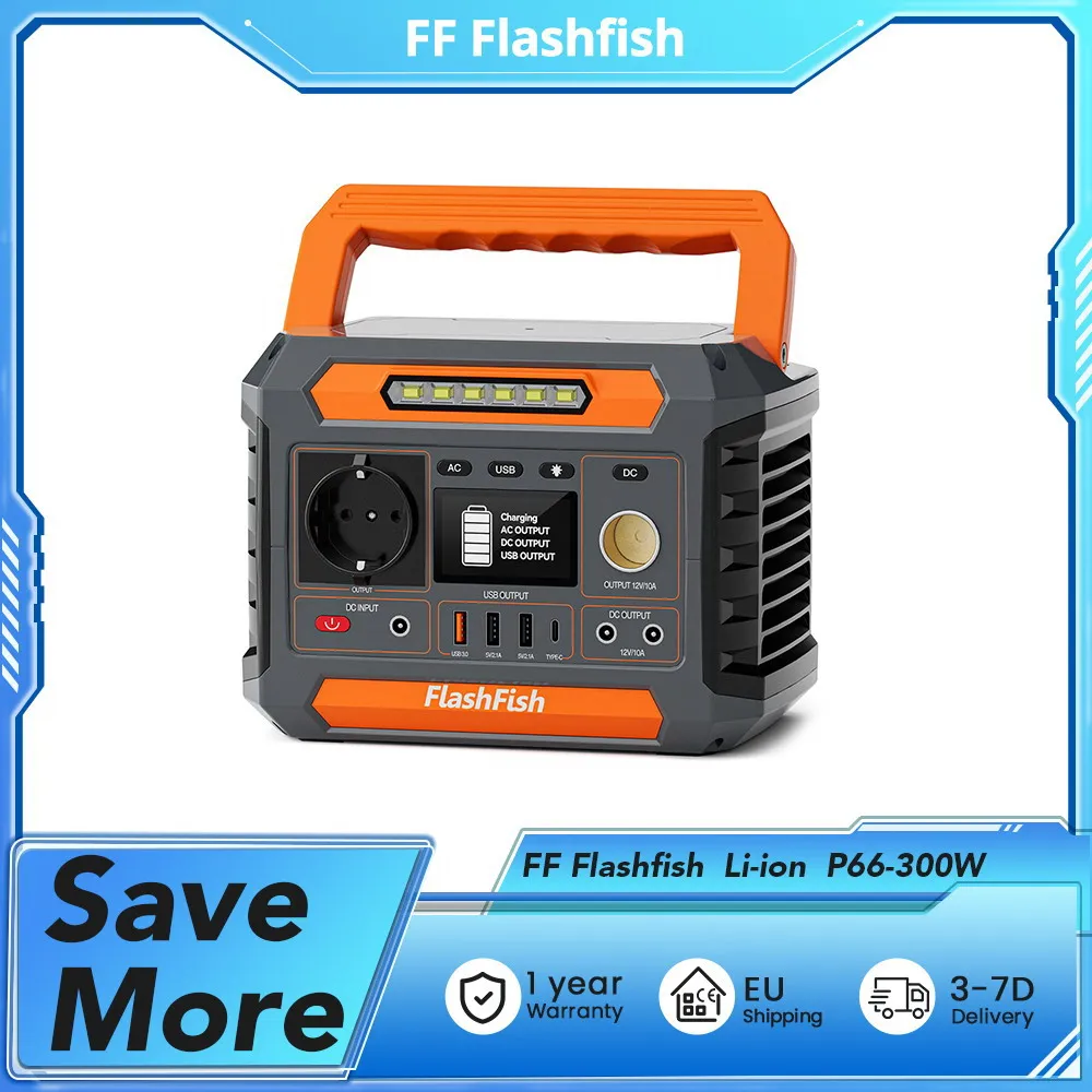 FF Flashfish Li-ion P66-300W, 288.6Wh Capacity, 260W AC Continuous Power, 8 Charging Outputs, 5W Wireless Charging