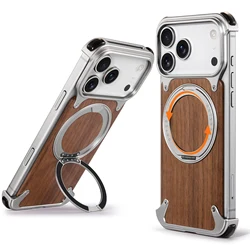 Elegant Wooden Phone Case with Magnetic Stand and 360° Rotatable Shockproof Protection - iPhone 17 Pro (Titanium)
