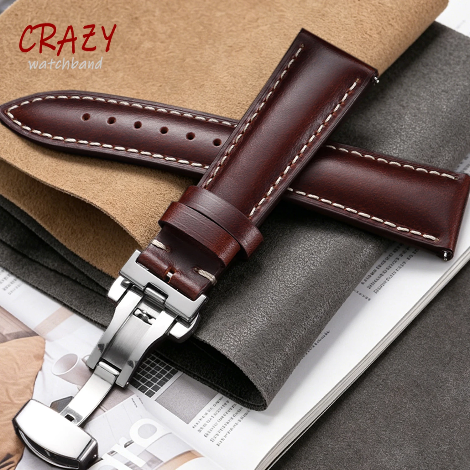 Premium Oil Wax Discoloration Calf Leather Watch Strap with Butterfly Buckle