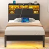 Rolanstar Twin Bed Frame with LED Headboard Underbed Storage Metal Platform Bed with Charging Station and Glass Panels 1