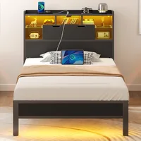 Rolanstar Twin Bed Frame with LED Headboard Underbed Storage Metal Platform Bed with Charging Station and Glass Panels 1