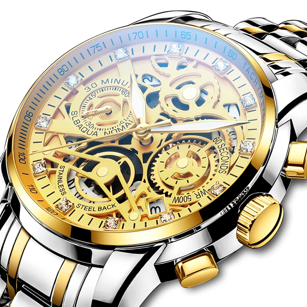 Fashion Hollow Quartz Watch Men's Luxury Stainless Steel Chronograph Male Golden Watches Luminous Clock relogio masculino hombre